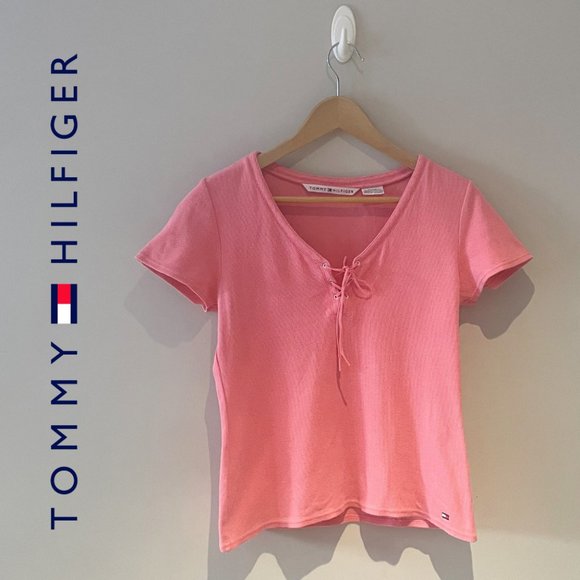 Tommy Hilfiger Pink Ribbed V Neck Lace T-Shirt Sz L - Picture 1 of 9